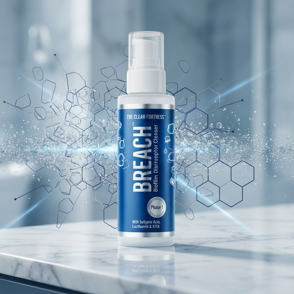 A blue bottle of cleanser on a marble surface with geometric patterns.