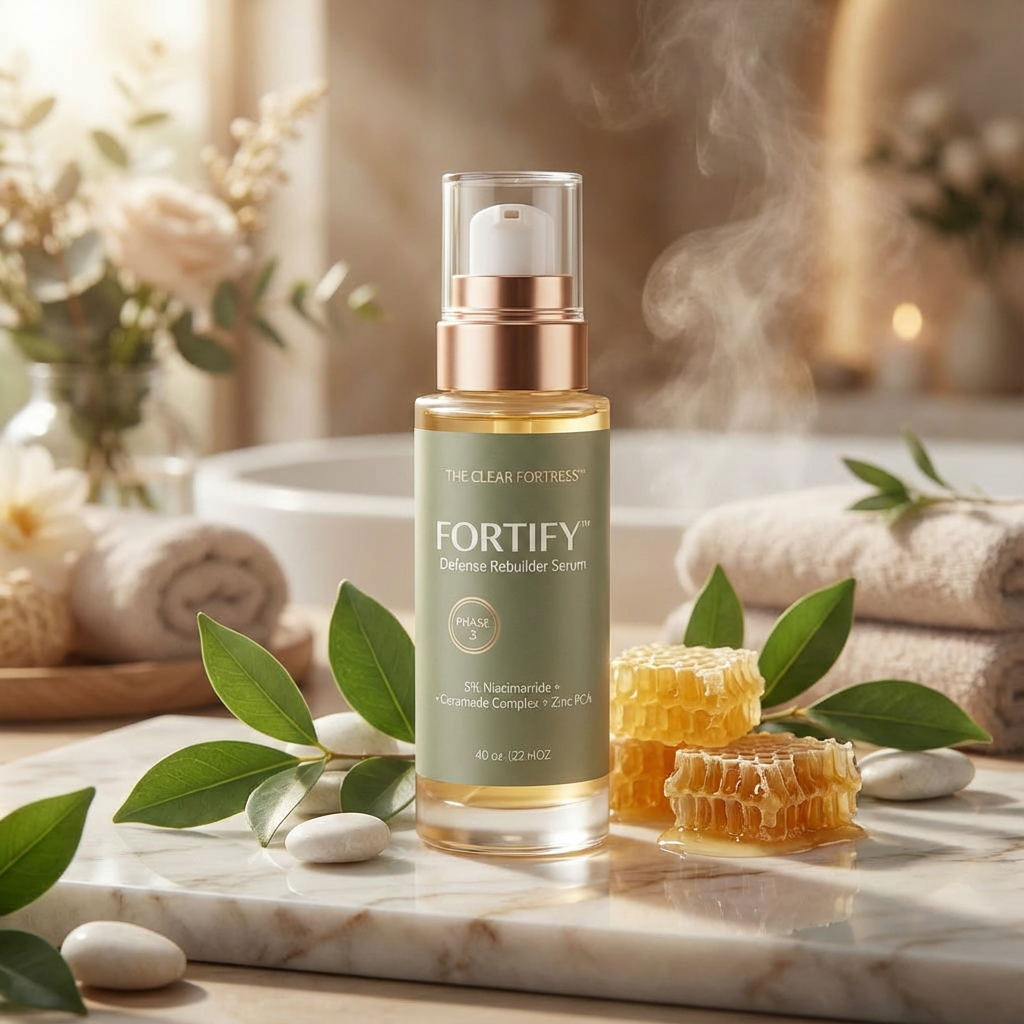Serum bottle with honeycombs and leaves on a spa-themed surface.