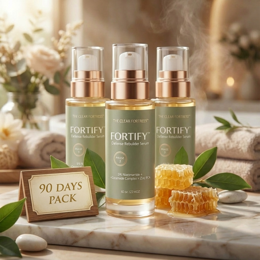 Three bottles of serum labeled 'FORTIFY' beside honeycombs and a '90 Days Pack' sign.