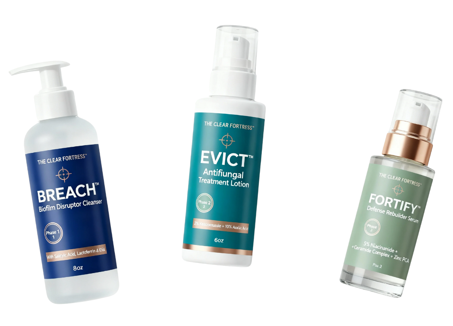 Three bottles of skincare products against a transparent background.