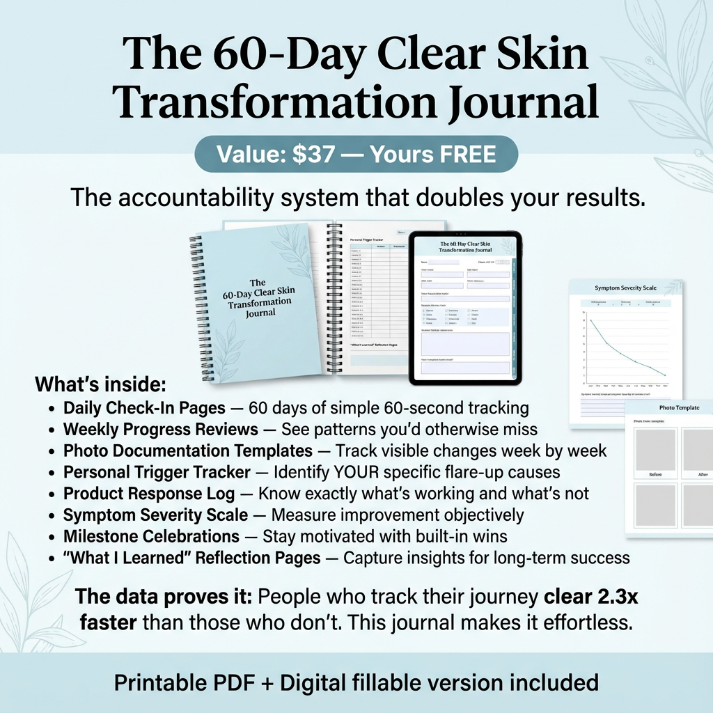 Promotional image for 'The 60-Day Clear Skin Transformation Journal' with features and benefits listed.