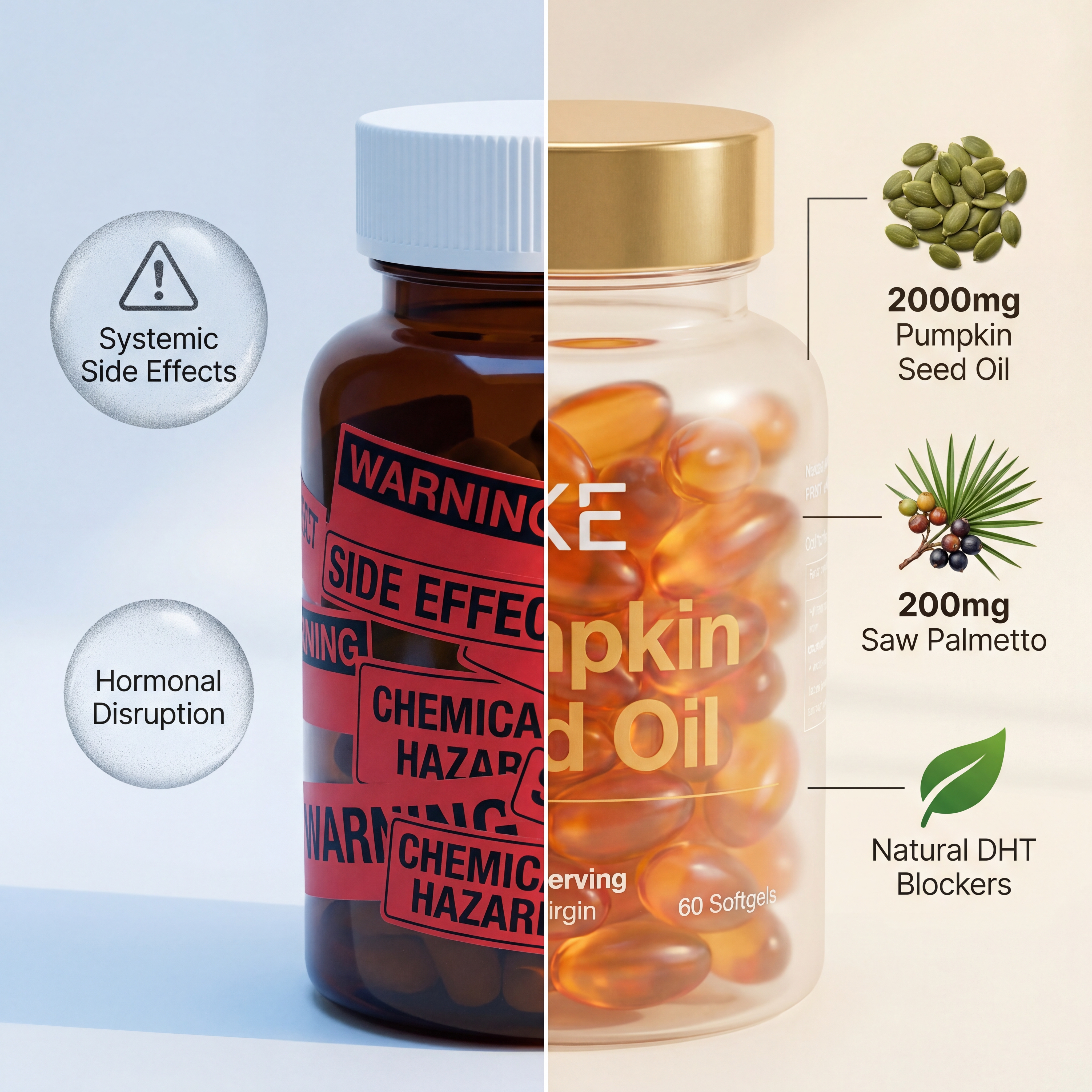 A split-image comparing a bottle with warning labels to a natural supplement bottle with its ingredients displayed.
