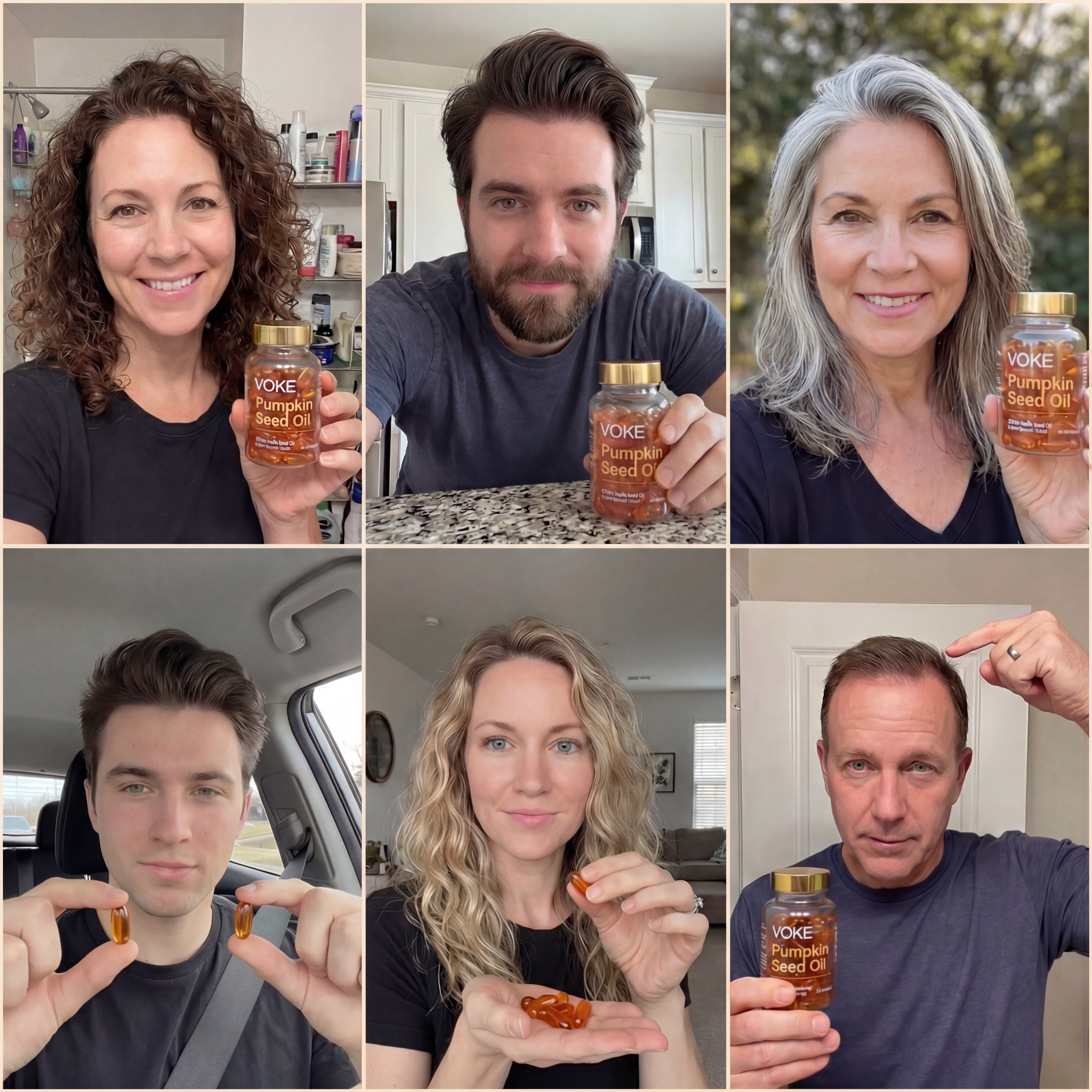 A collage of six photos of different people holding bottles and capsules of VOKE Pumpkin Seed Oil.