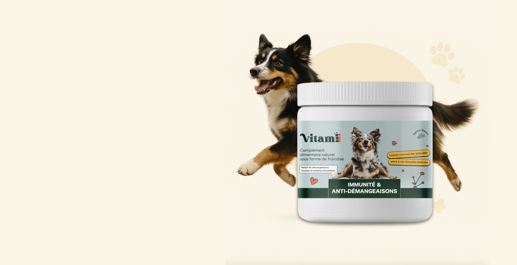 Dog next to a container of pet supplements with paw prints in the background.