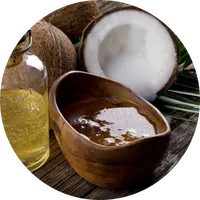 Coconut oil in a bottle and bowl with whole and halved coconuts on a wooden surface.
