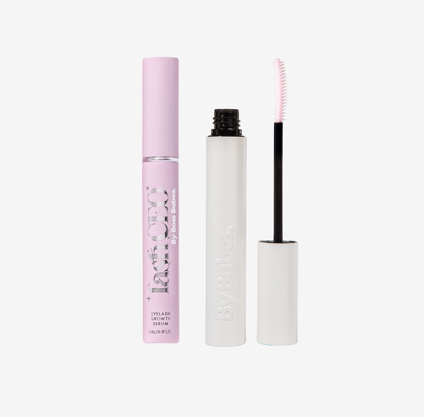 Two cosmetic tubes, one pink, one white, with an eyelash brush.