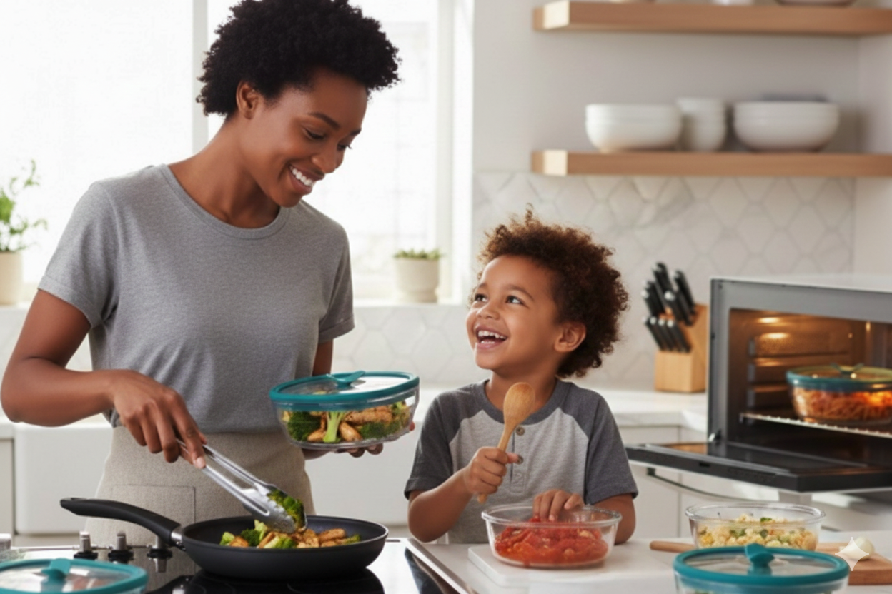 An adult and child cooking together in a bright kitchen.