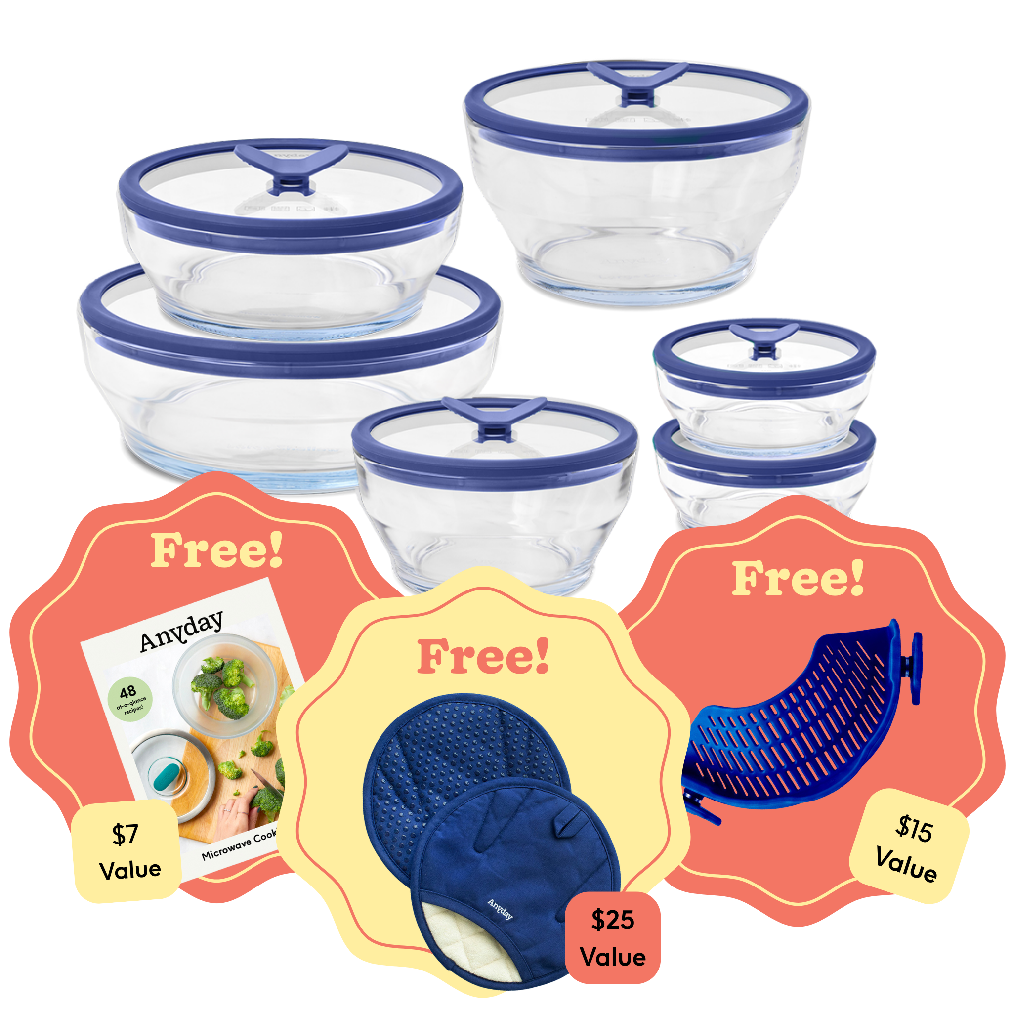A set of glass food storage containers with blue lids and other free kitchen accessories.