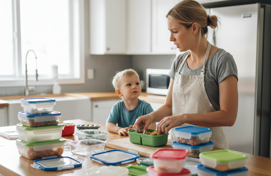 Woman and child preparing food with storage containers in a kitchen.