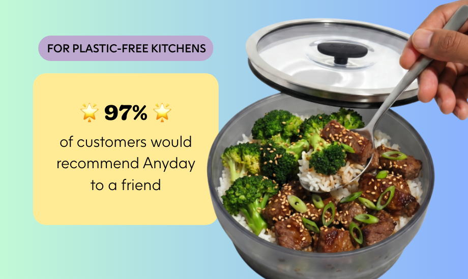 A bowl of beef and broccoli over rice, with a hand holding a spoon and text overlay.