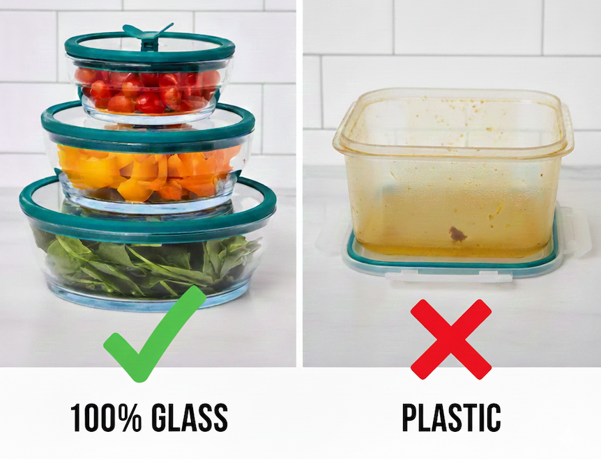 Glass containers with food, checked; plastic container with residue, crossed out.