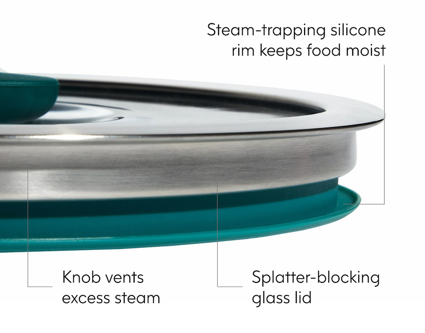 Close-up of a saucepan lid with labels describing steam control features.