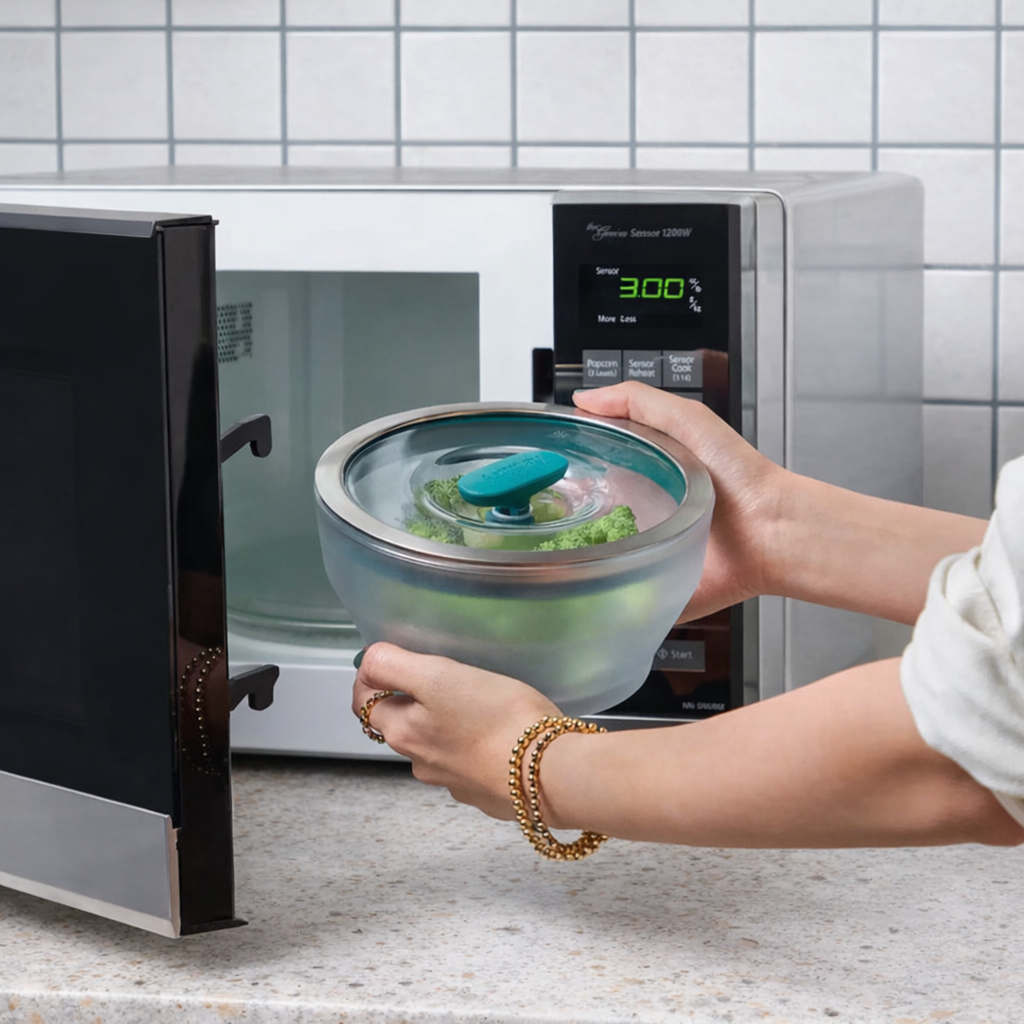 A person placing a lidded bowl of broccoli into a microwave.