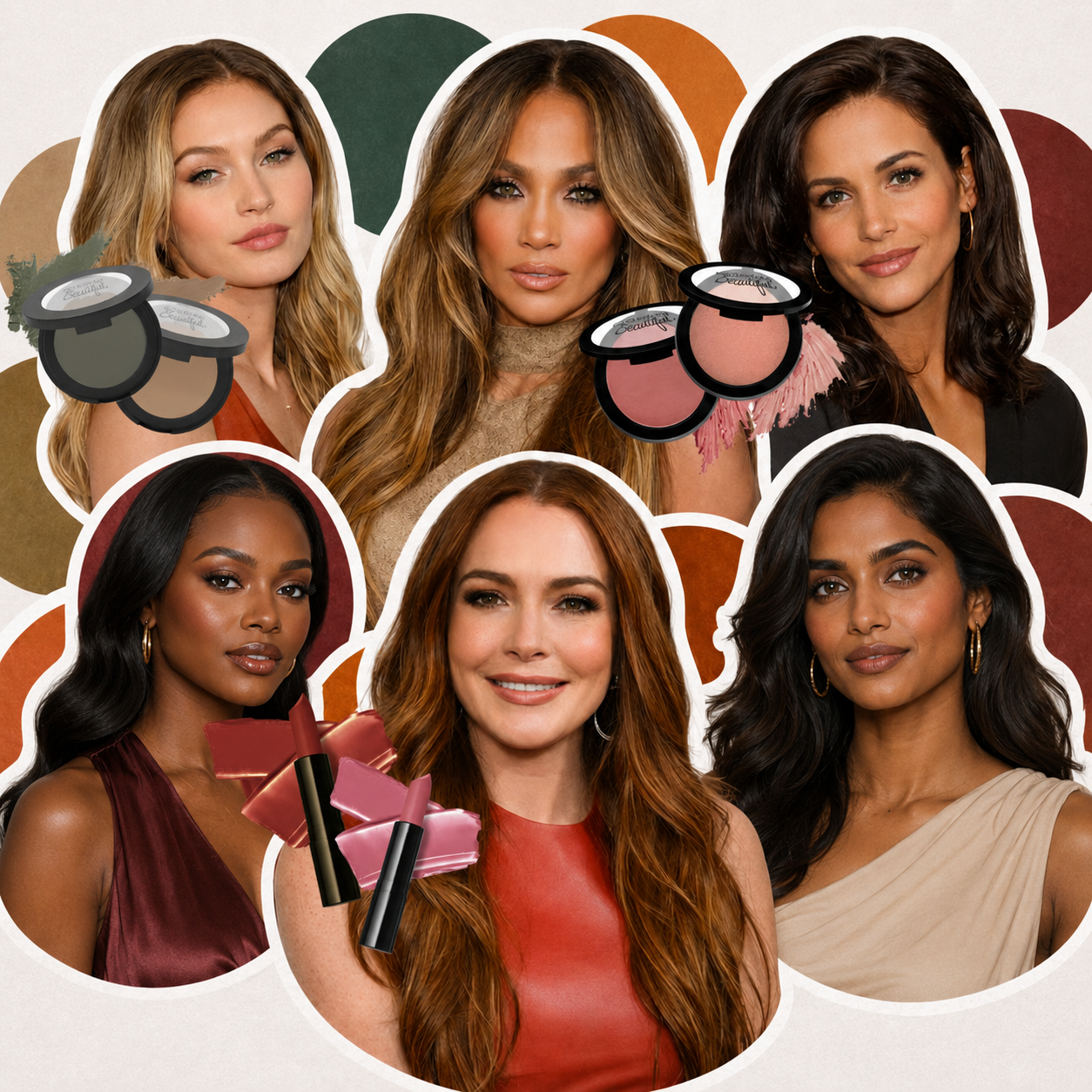 A collage of six women's faces with various makeup products like eyeshadow, blush, and lipstick.