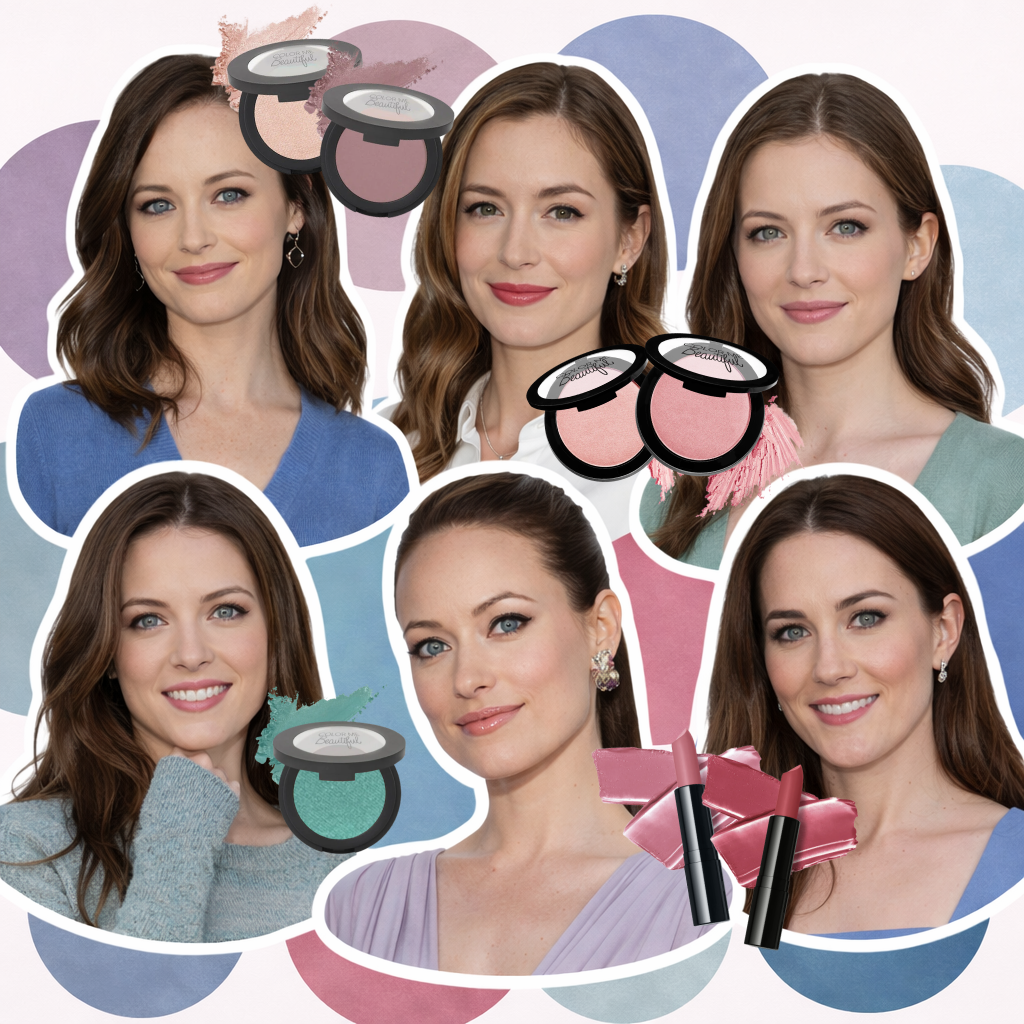 A collage of portraits of women with various makeup products like eyeshadow, blush, and lipstick superimposed.