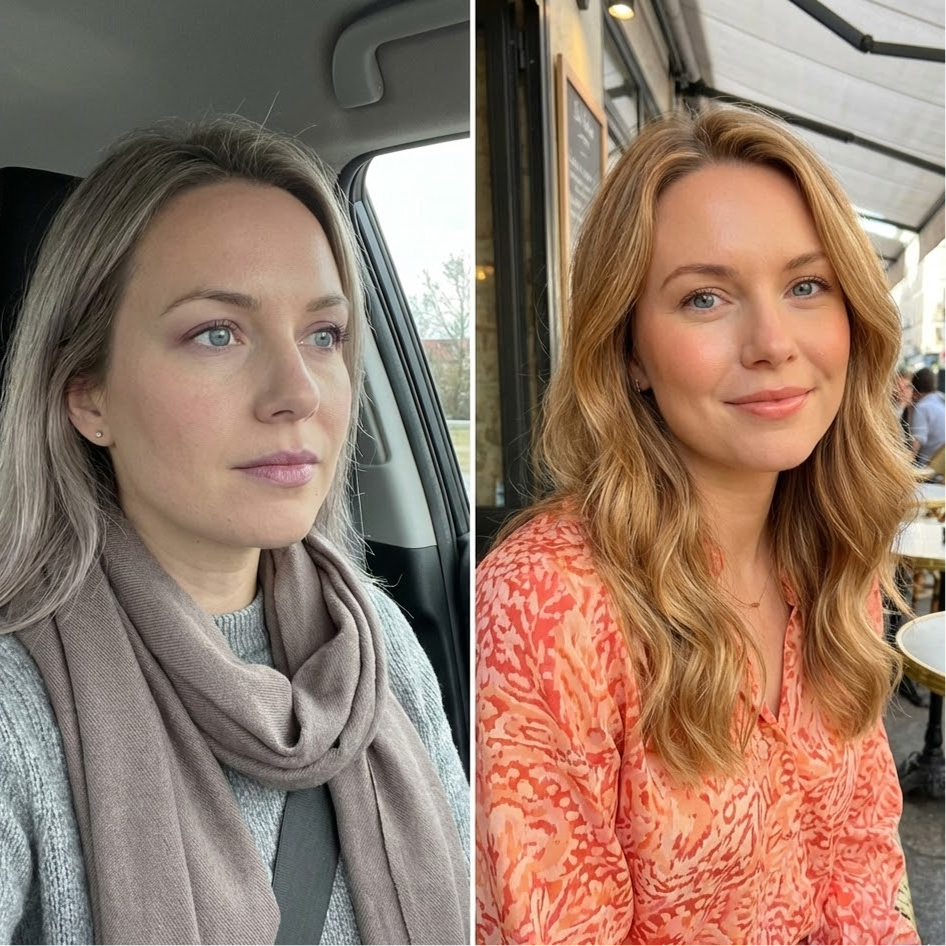 A split image showing a woman's hair color change from cool-toned blonde to a warm, strawberry blonde.