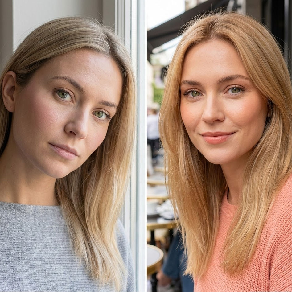 A split-screen comparison of a woman with blonde hair on the left and reddish-blonde hair on the right.