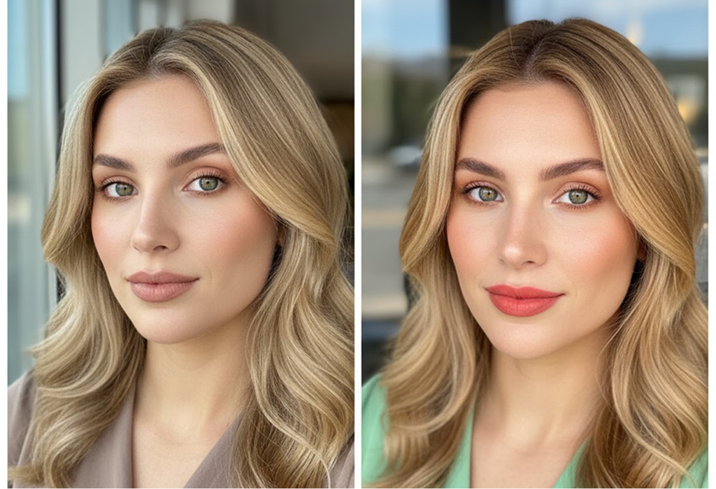 A side-by-side comparison of a woman wearing two different shades of lipstick, one nude and one coral.