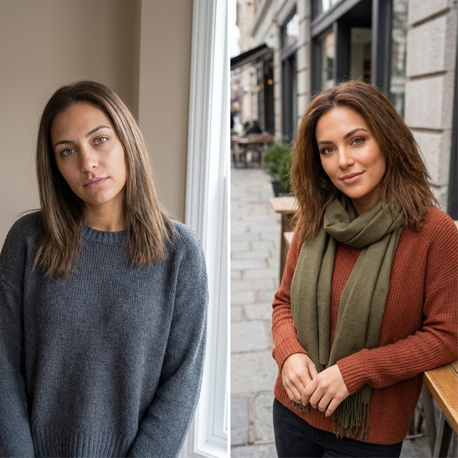 A side-by-side comparison of a woman before and after makeup and a change of outfit.