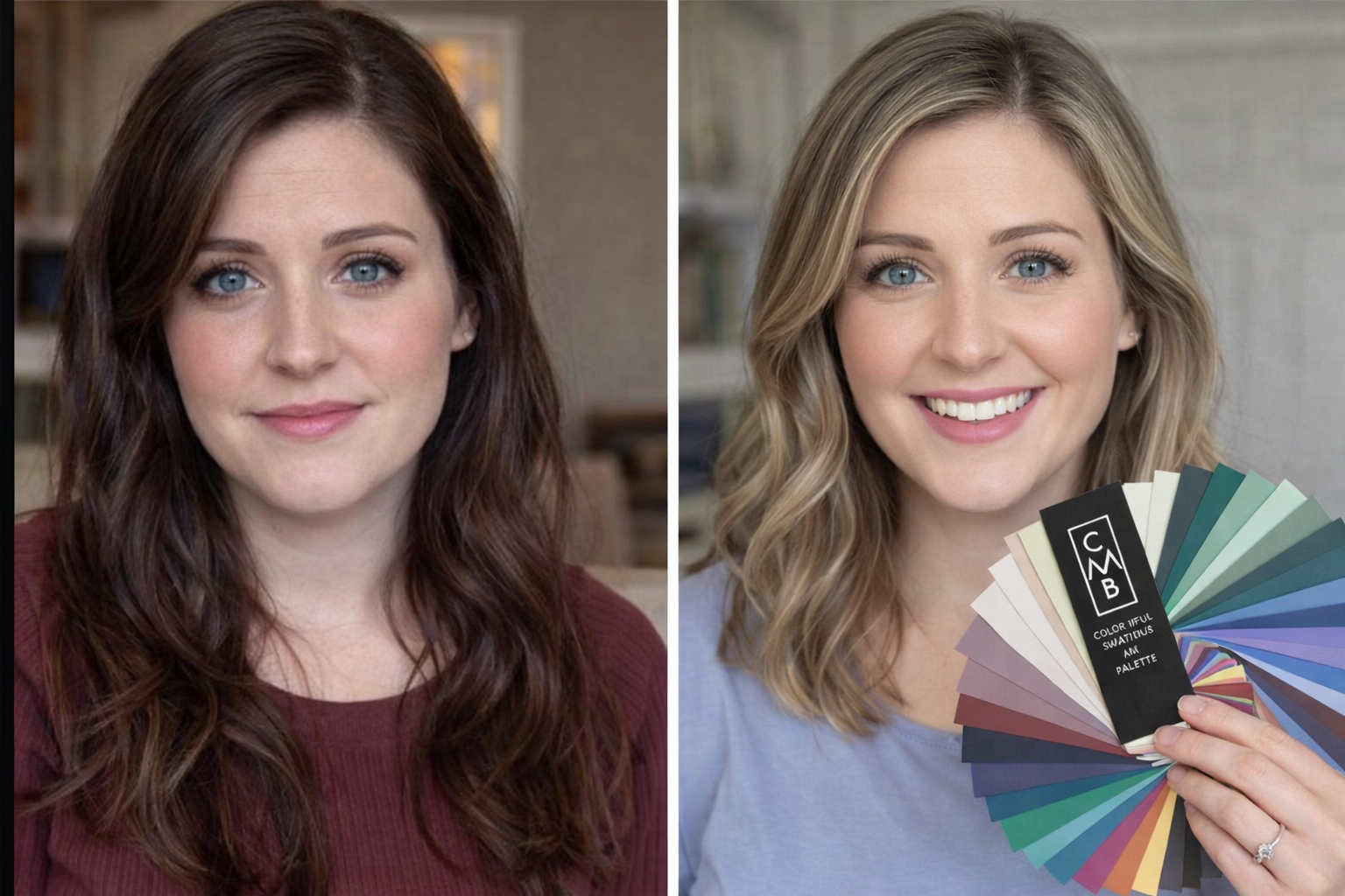 A split image showing a woman with brown hair, and then with blonde hair holding a color palette.