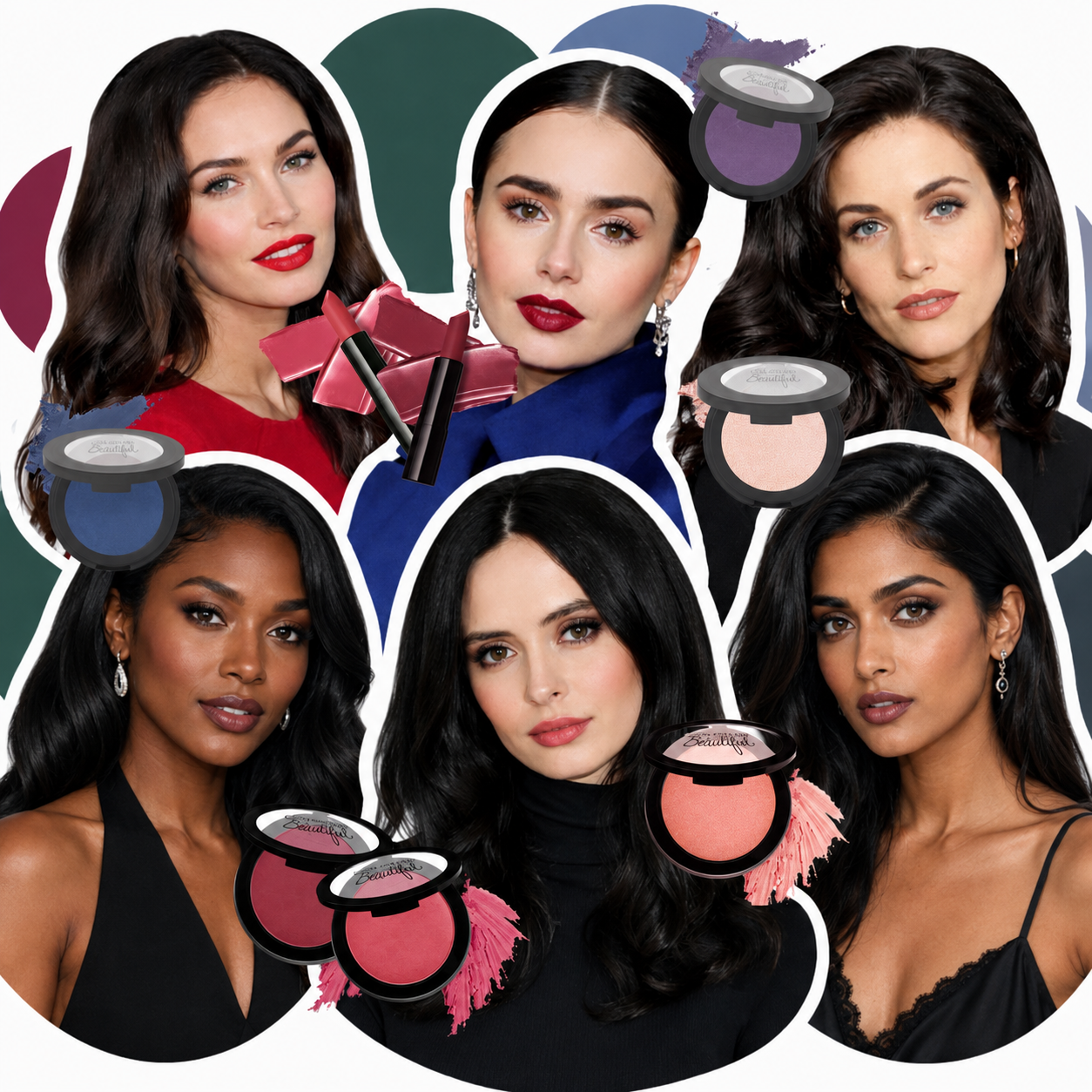 A collage of six women with different makeup looks, surrounded by various makeup products like lipstick and blush.