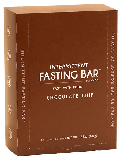 A brown box of Prolon Intermittent Fasting Bars, in the chocolate chip flavor, against a white background.