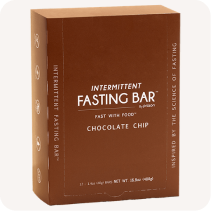 A brown box of Prolon Intermittent Fasting Bars in Chocolate Chip flavor.
