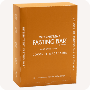 An orange box of Prolon Intermittent Fasting Bars in the Coconut Macadamia flavor.