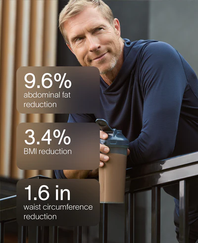 A man in a blue hoodie holds a shaker bottle, with text showing health statistics.