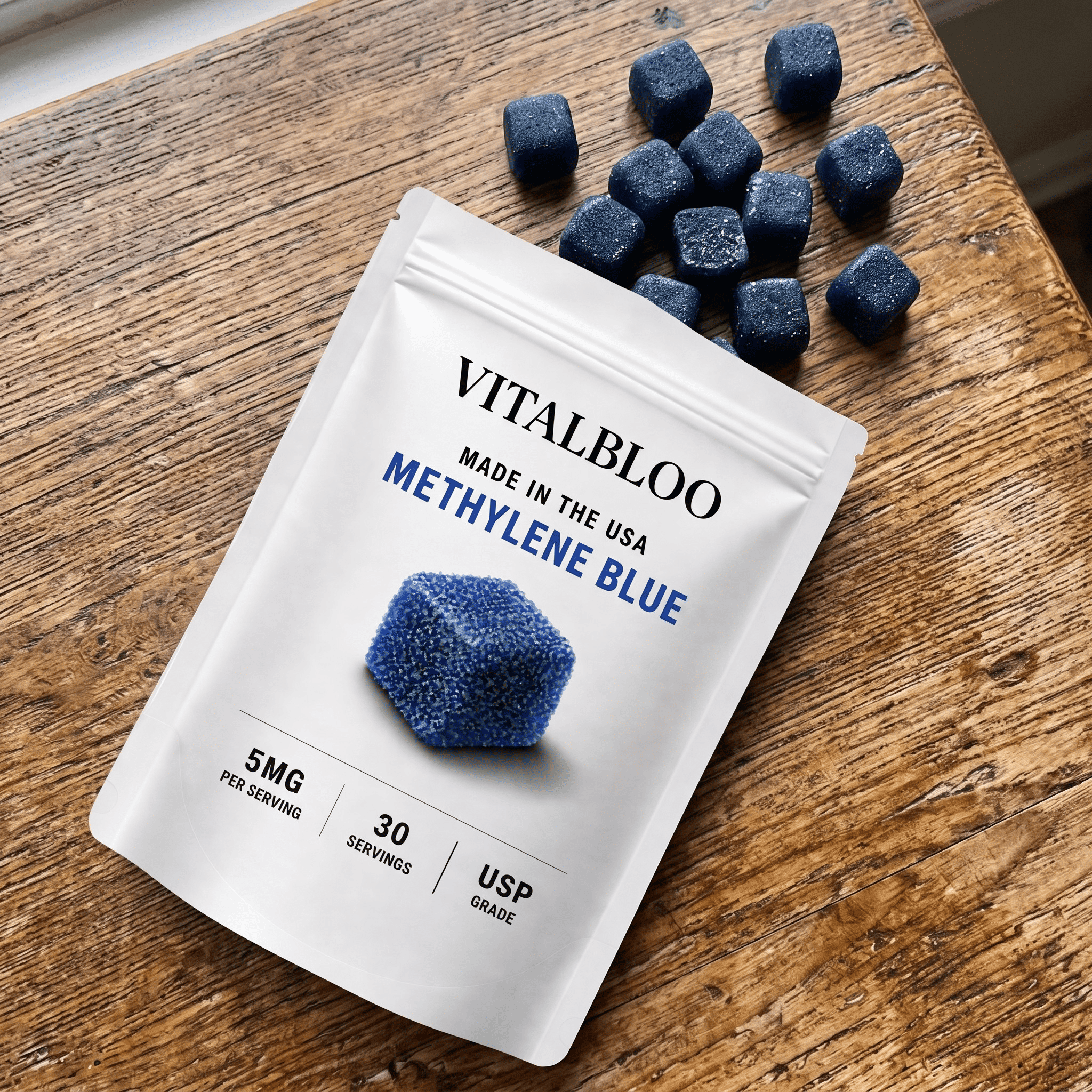 A white pouch of Vitalbloo Methylene Blue with several blue, cube-shaped gummies on a wooden surface.