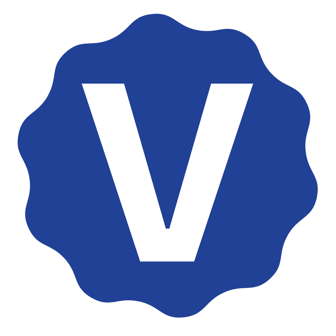 A white capital letter V inside a blue, circular shape with a wavy edge.