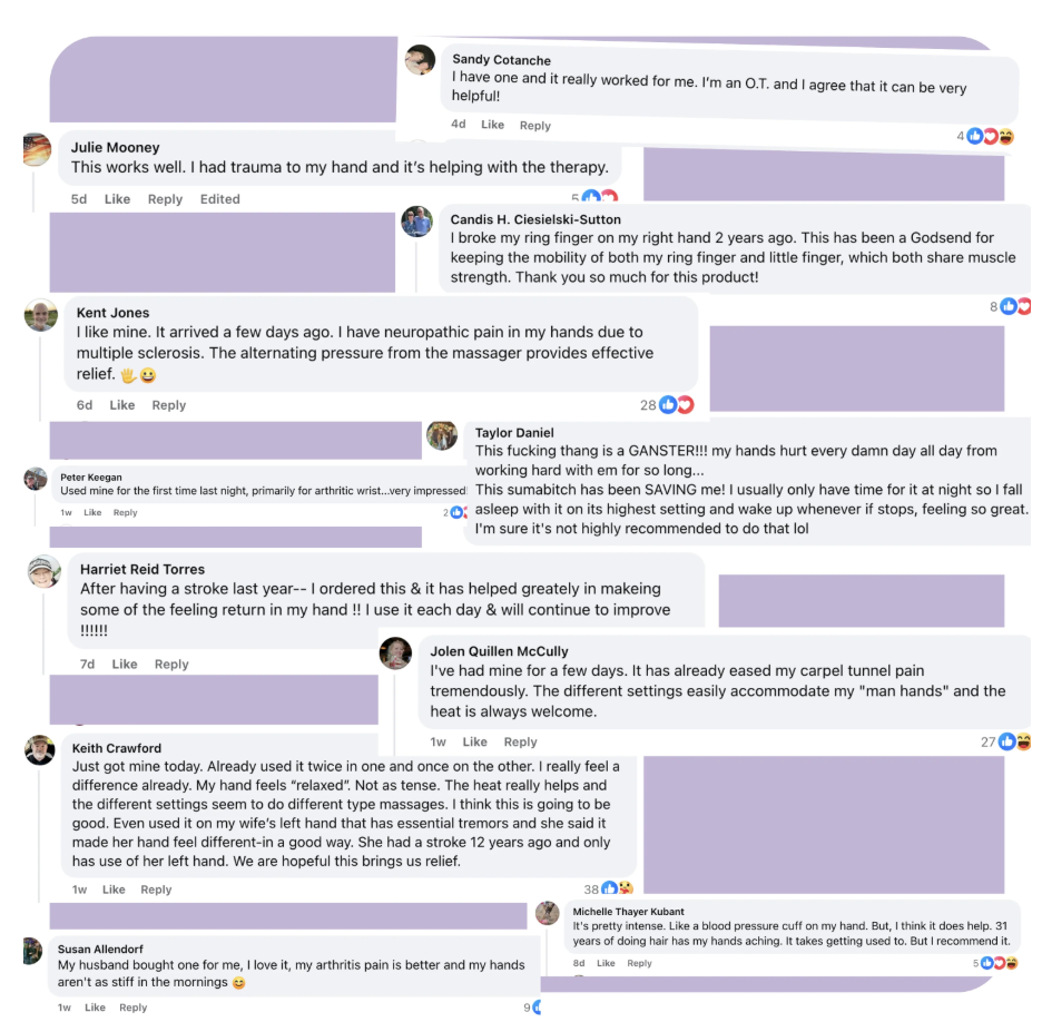 Social media post comments about a hand massager, with users sharing positive experiences and feedback.