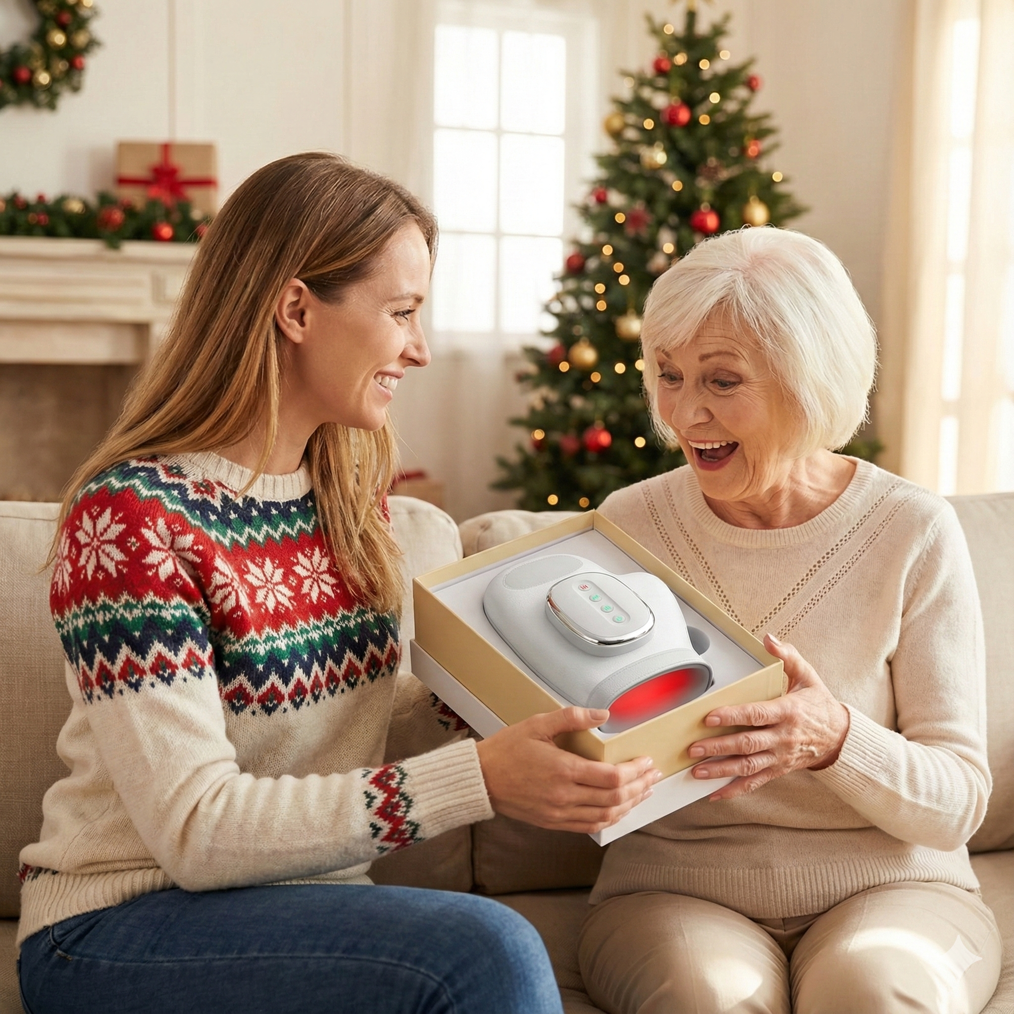 Two people exchanging a gift in a festive living room with a Christmas tree.