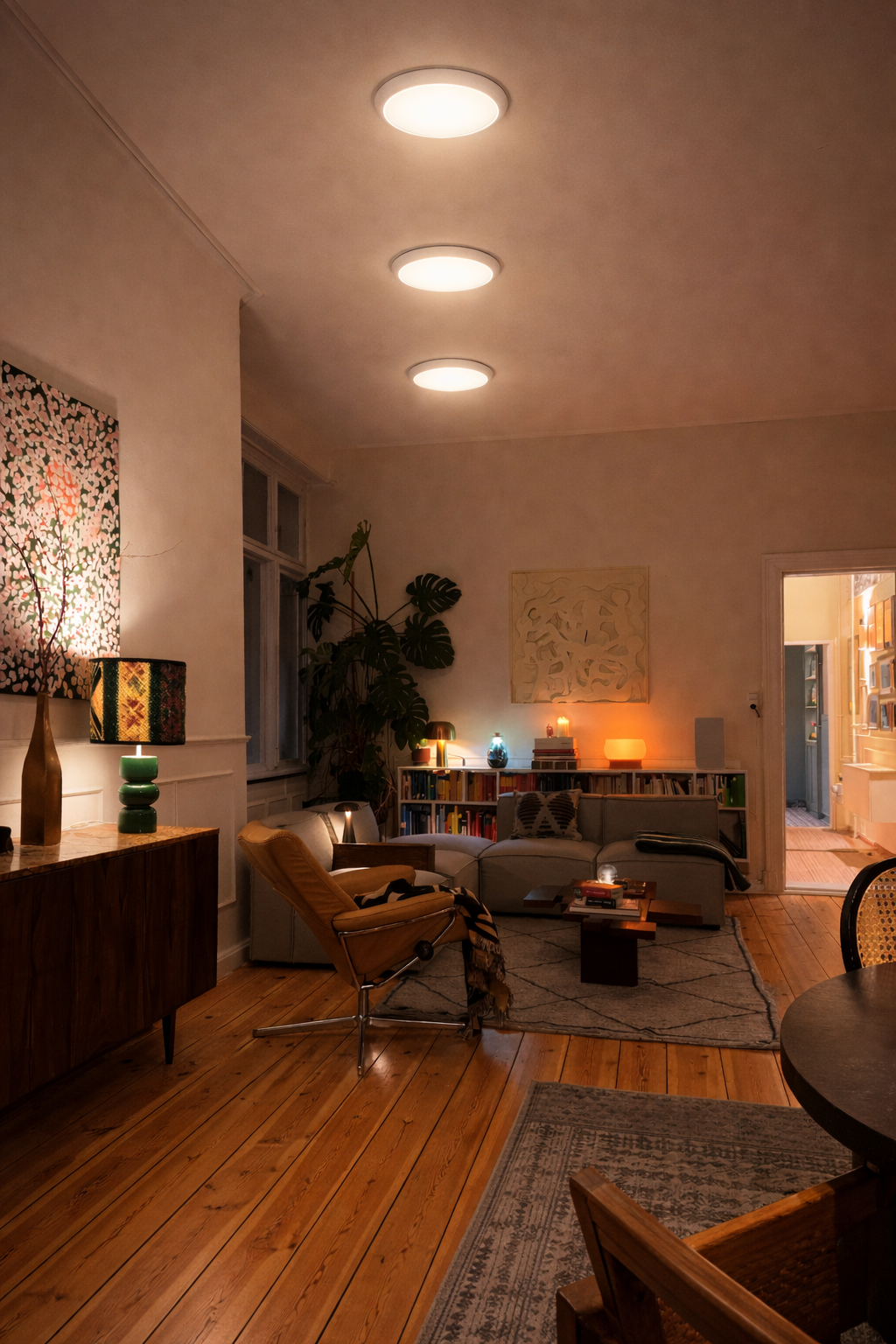A warmly lit living room at night with hardwood floors, a sofa, and several lamps.
