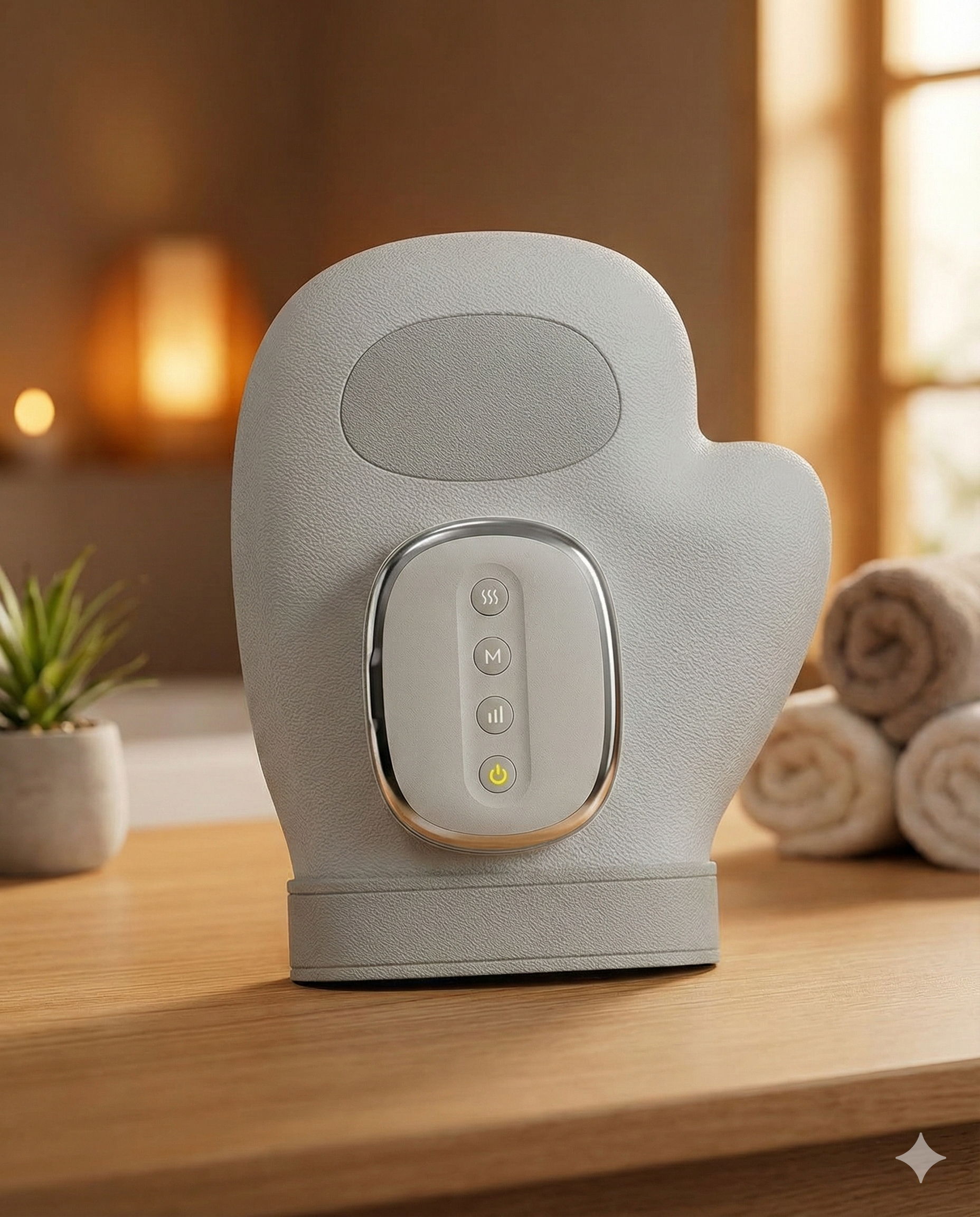 Gray massage device shaped like a mitten on a wooden surface.