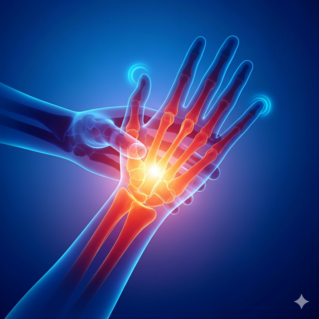 X-ray style image of a hand with highlighted bones and joints.