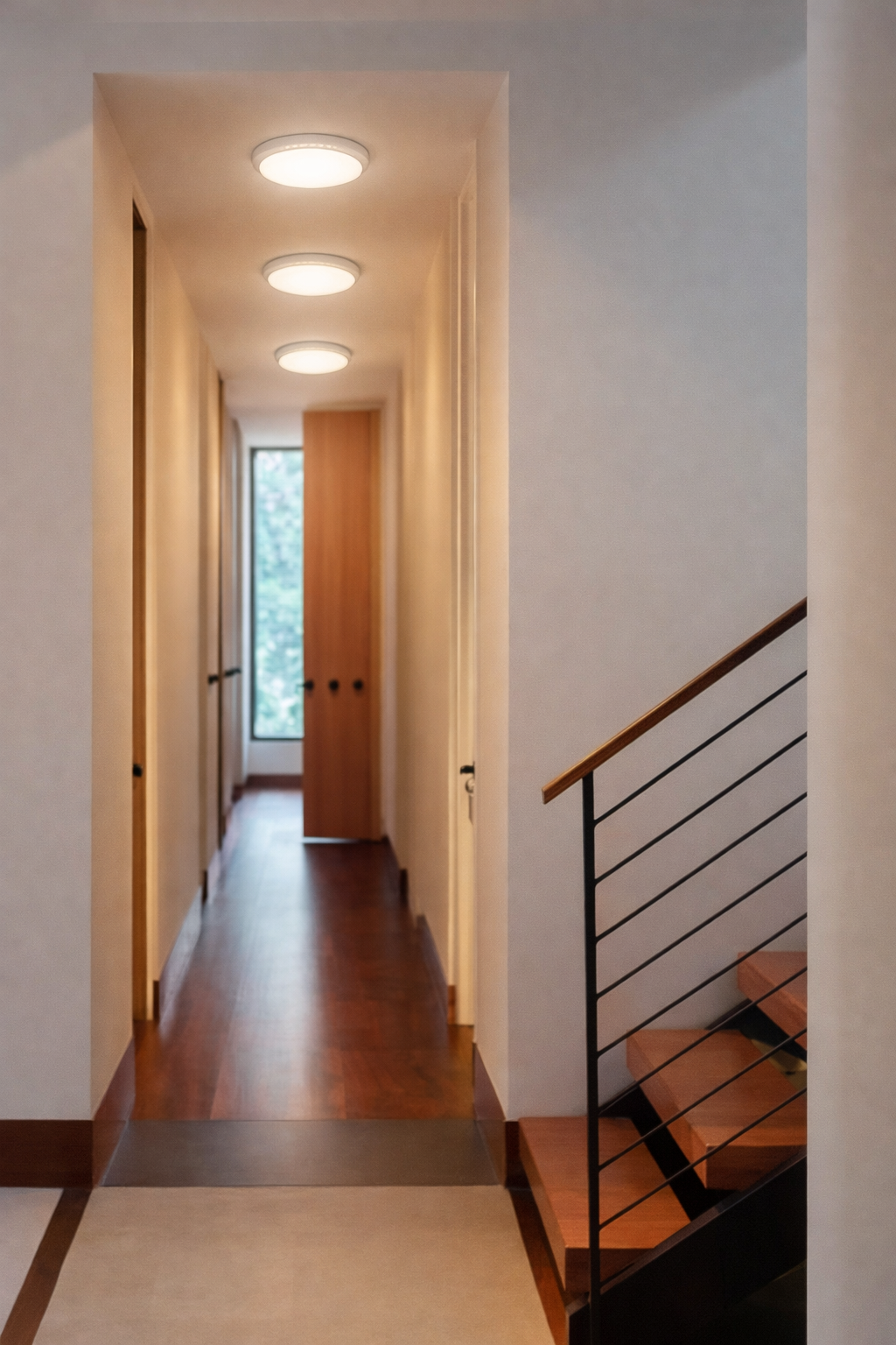 A narrow hallway with a wooden floor and round ceiling lights, with a staircase on the right.