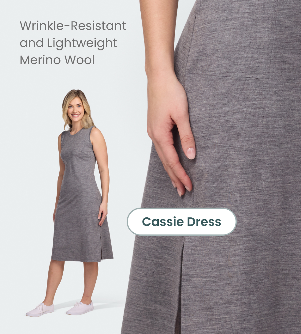 Woman wearing a gray sleeveless dress with text about merino wool.