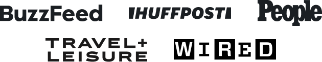 Logos for BuzzFeed, HuffPost, People, Travel + Leisure, and Wired magazines on a white background.