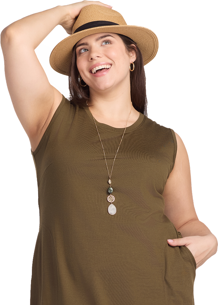 Smiling person wearing a straw hat and green top, looking upwards.