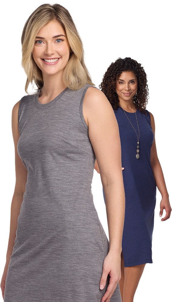 Two women in sleeveless dresses, one gray and one blue, smiling.
