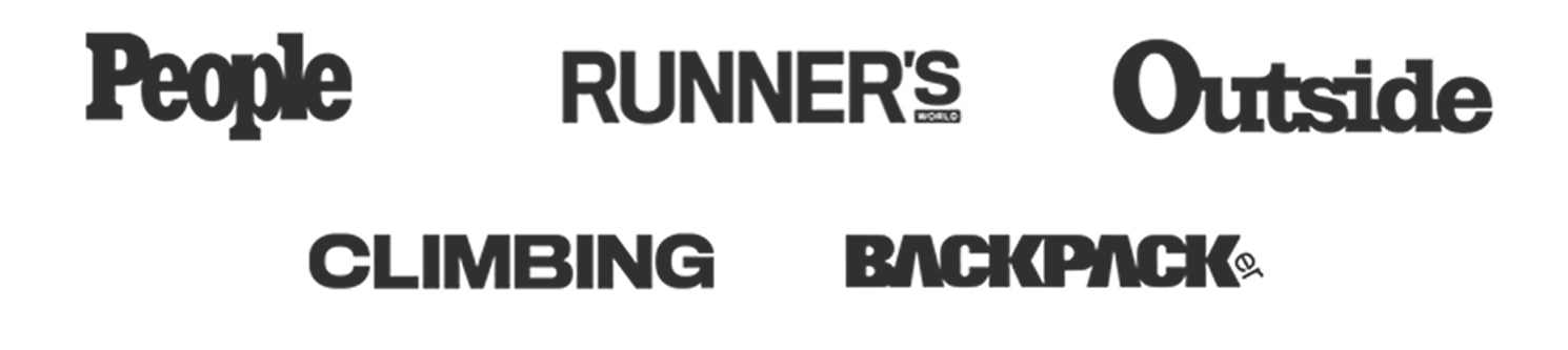 Logos of various outdoor and sports magazines in black text on a white background.