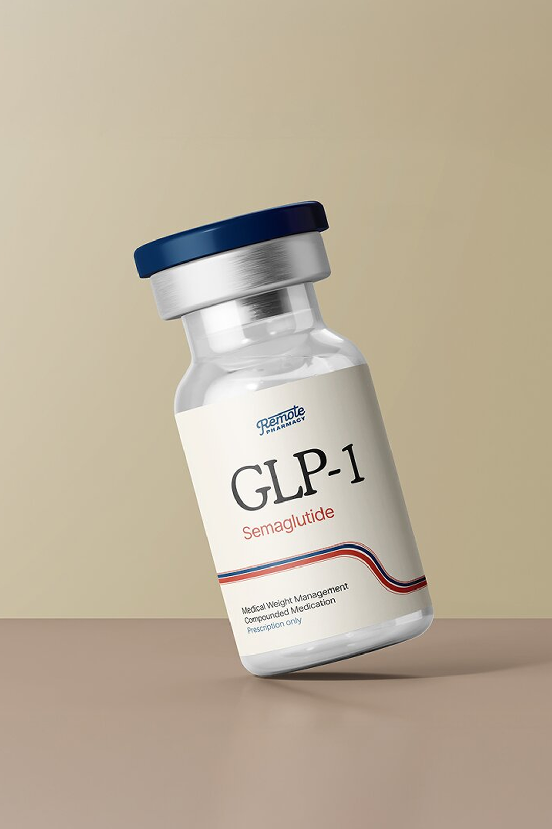Vial labeled 'GLP-1 Semaglutide' with a blue cap on a beige background.