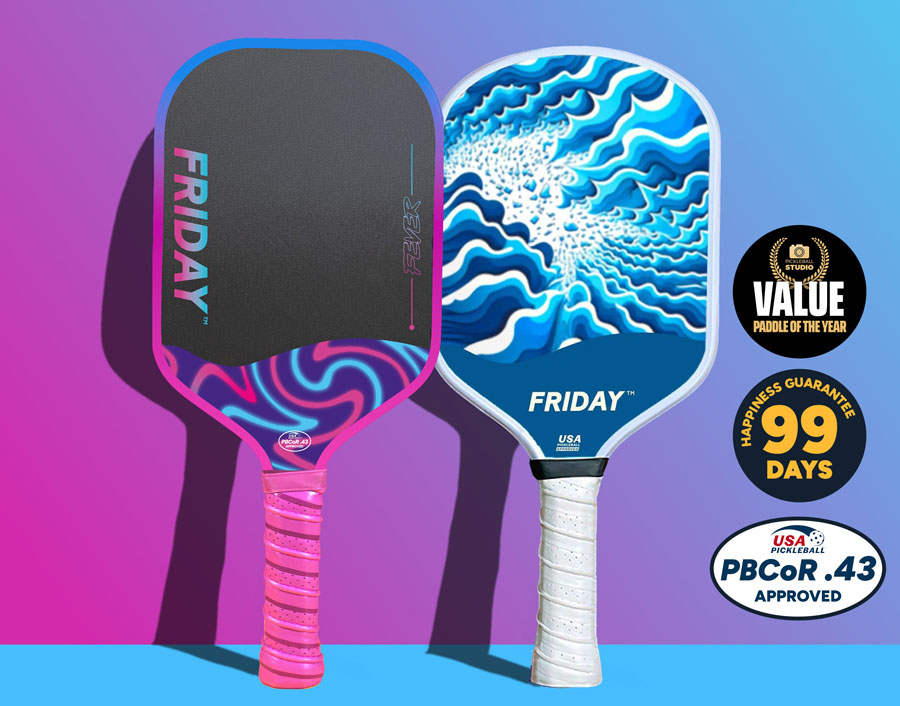 Two colorful pickleball paddles with 'Friday' branding and certification logos.