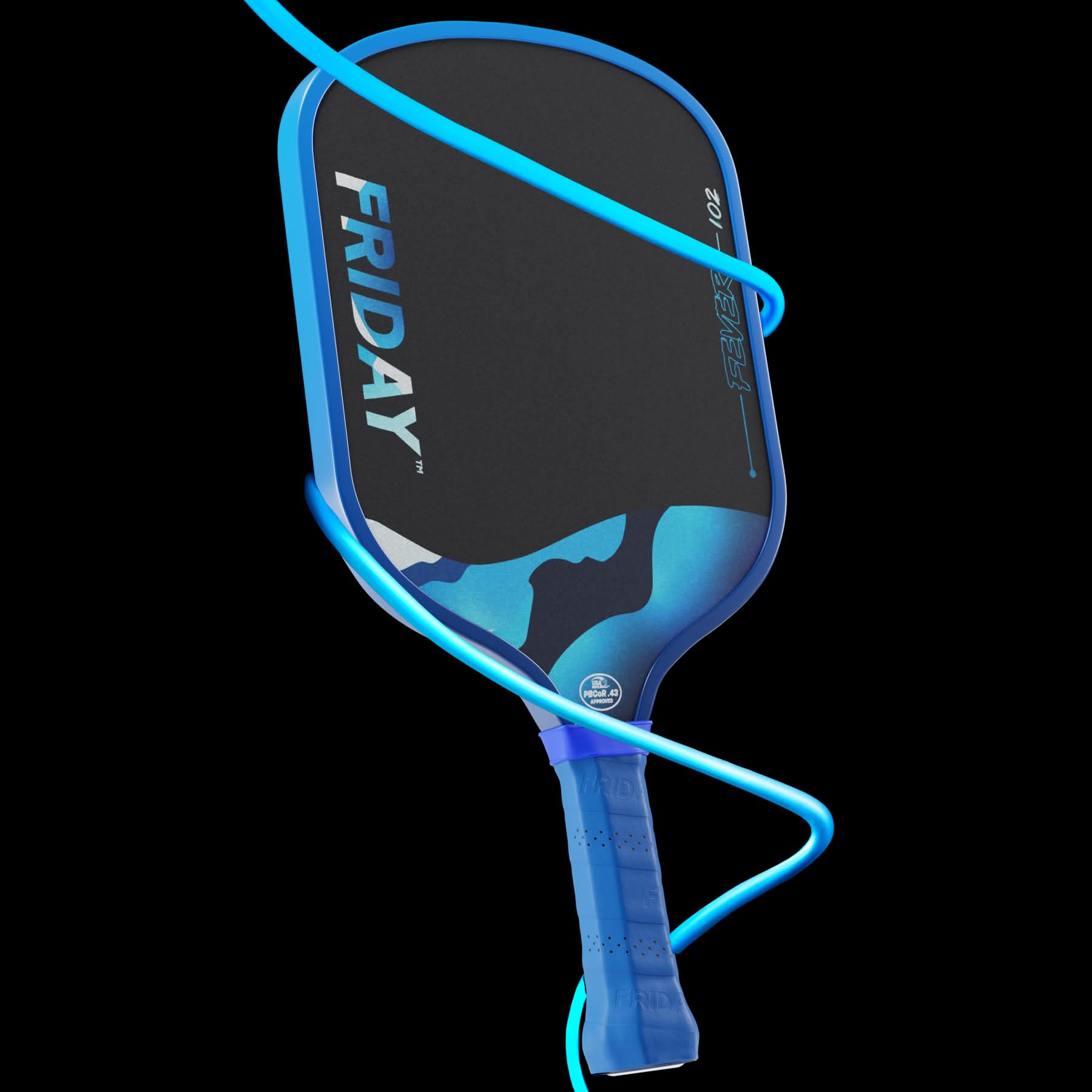 Blue and black pickleball paddle with 'FRIDAY' text, wrapped by a glowing blue cable.