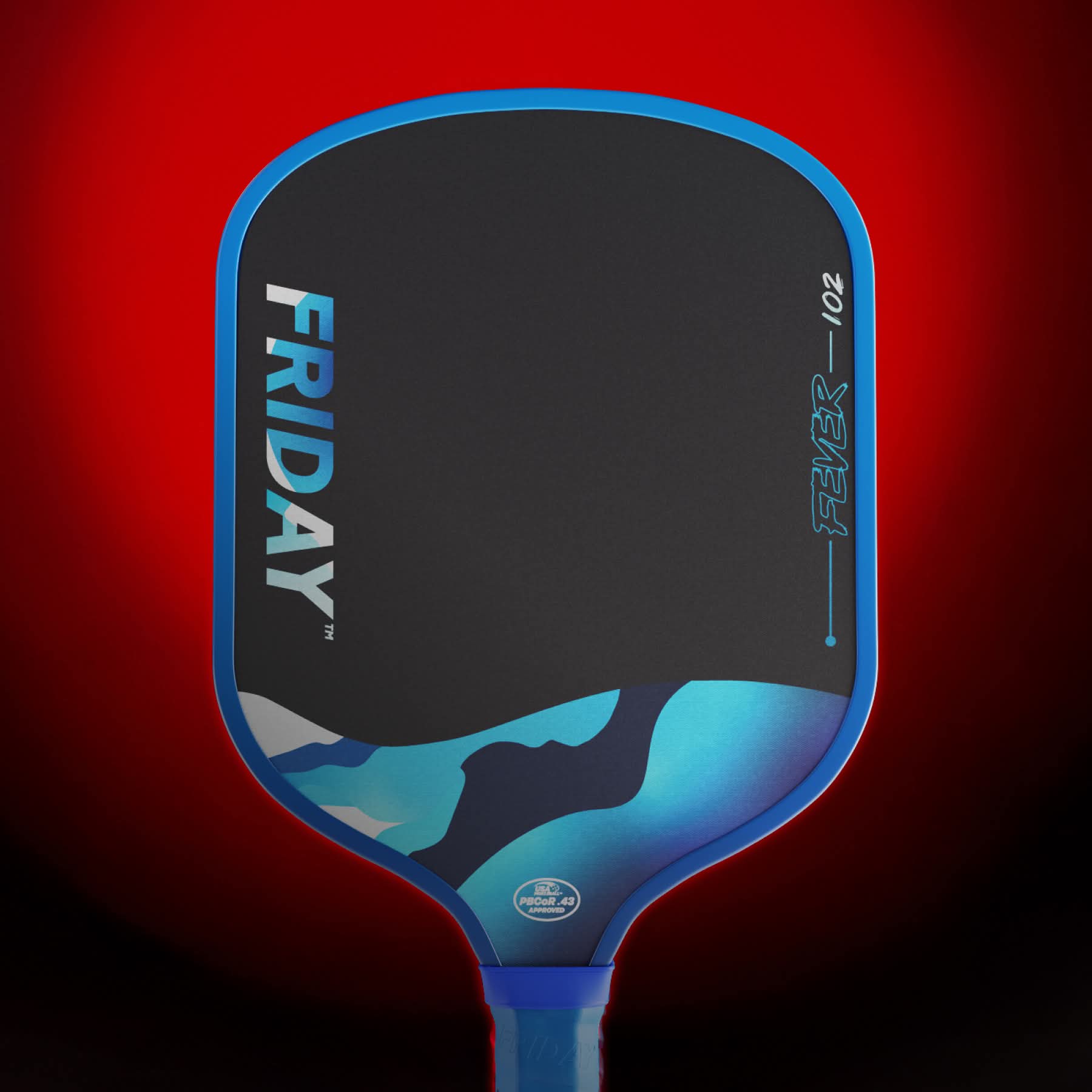 Black and blue pickleball paddle with 'FRIDAY' text on red background.