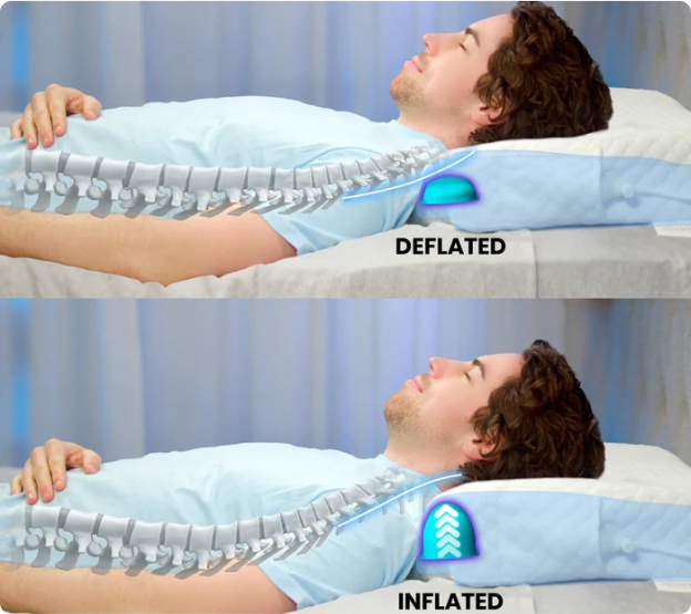 Person lying on a pillow showing deflated and inflated spine support.