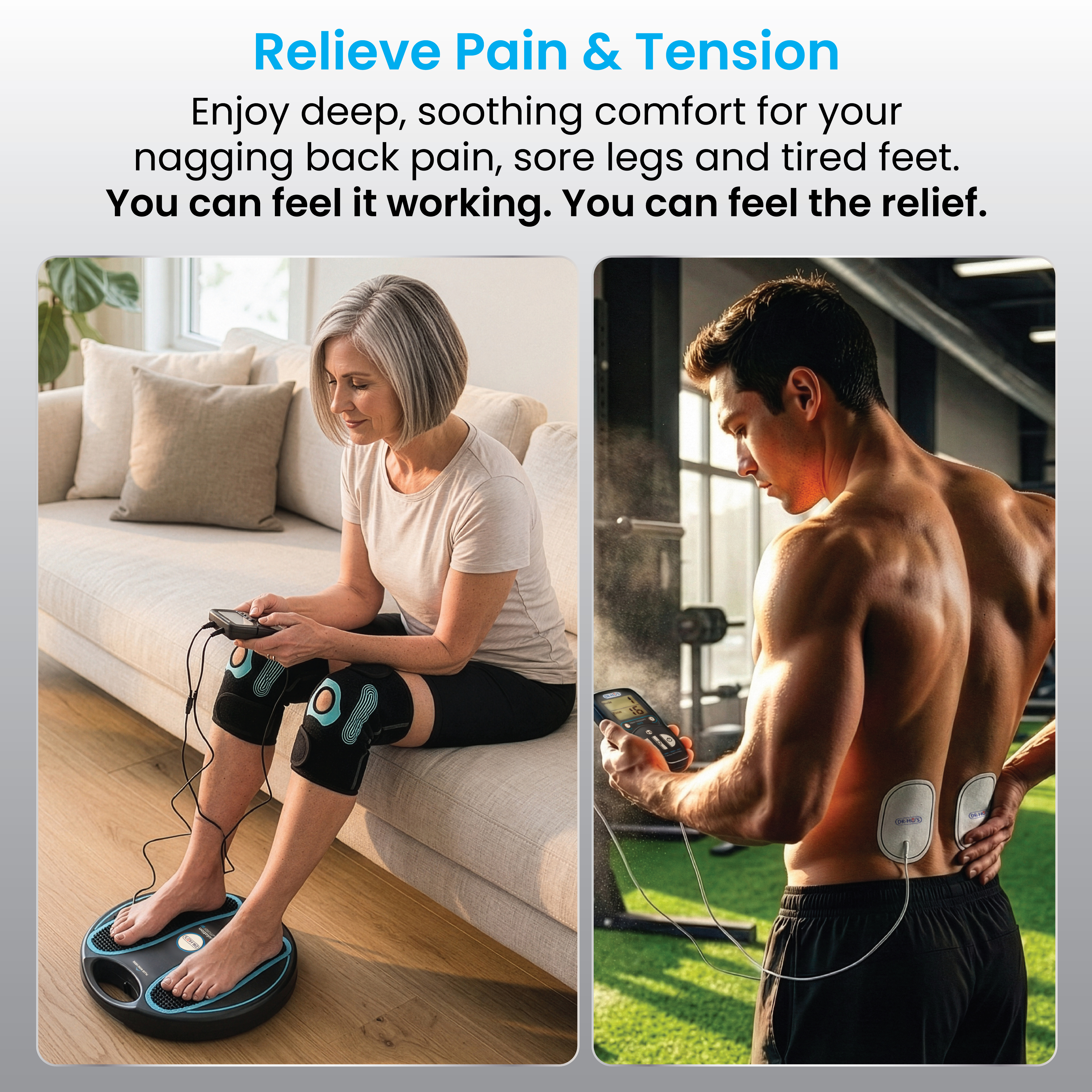 A split image showing a woman and a man using electronic pain relief devices on various body parts.