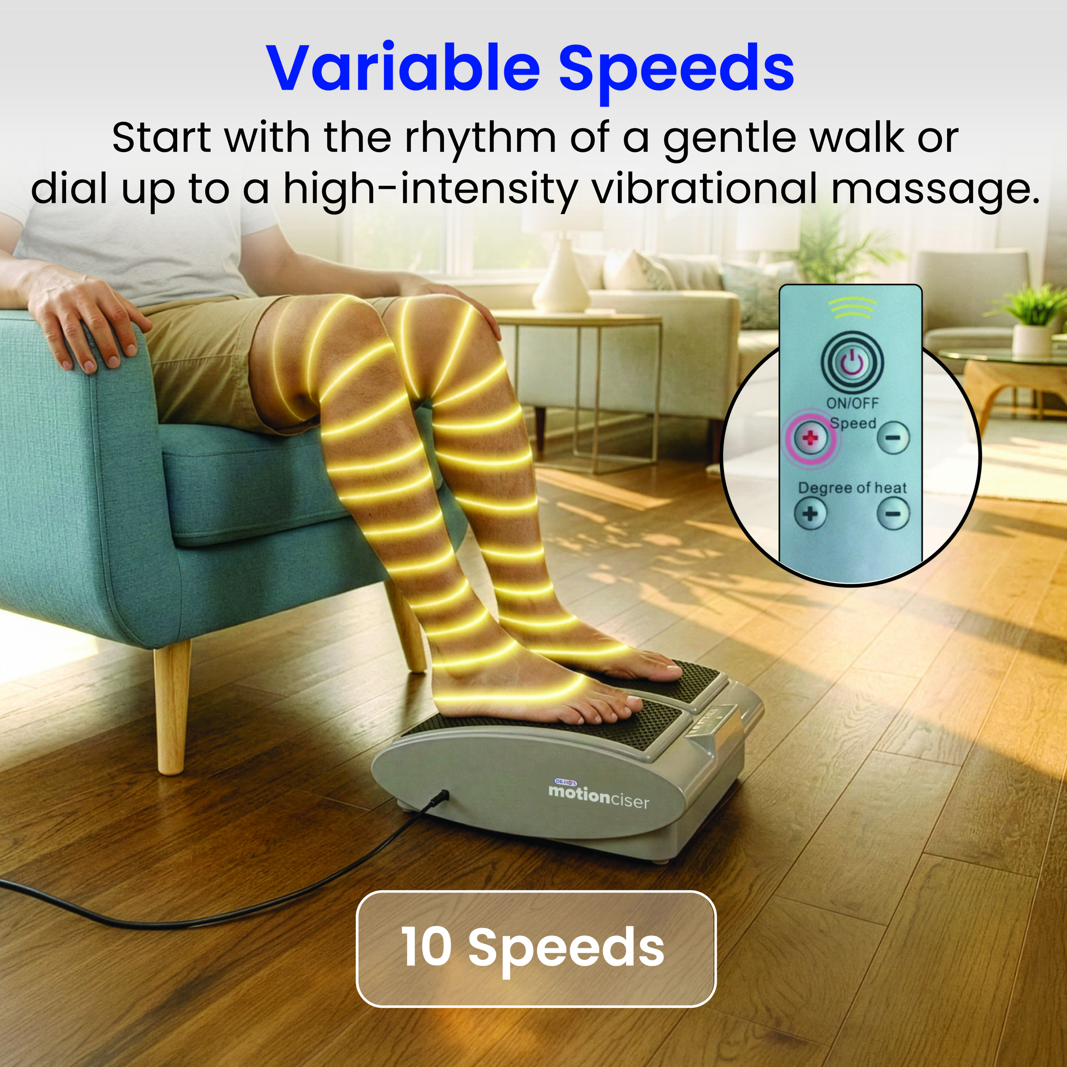 A person sits in a chair using a 'motionciser' vibrating foot and leg machine with a remote.