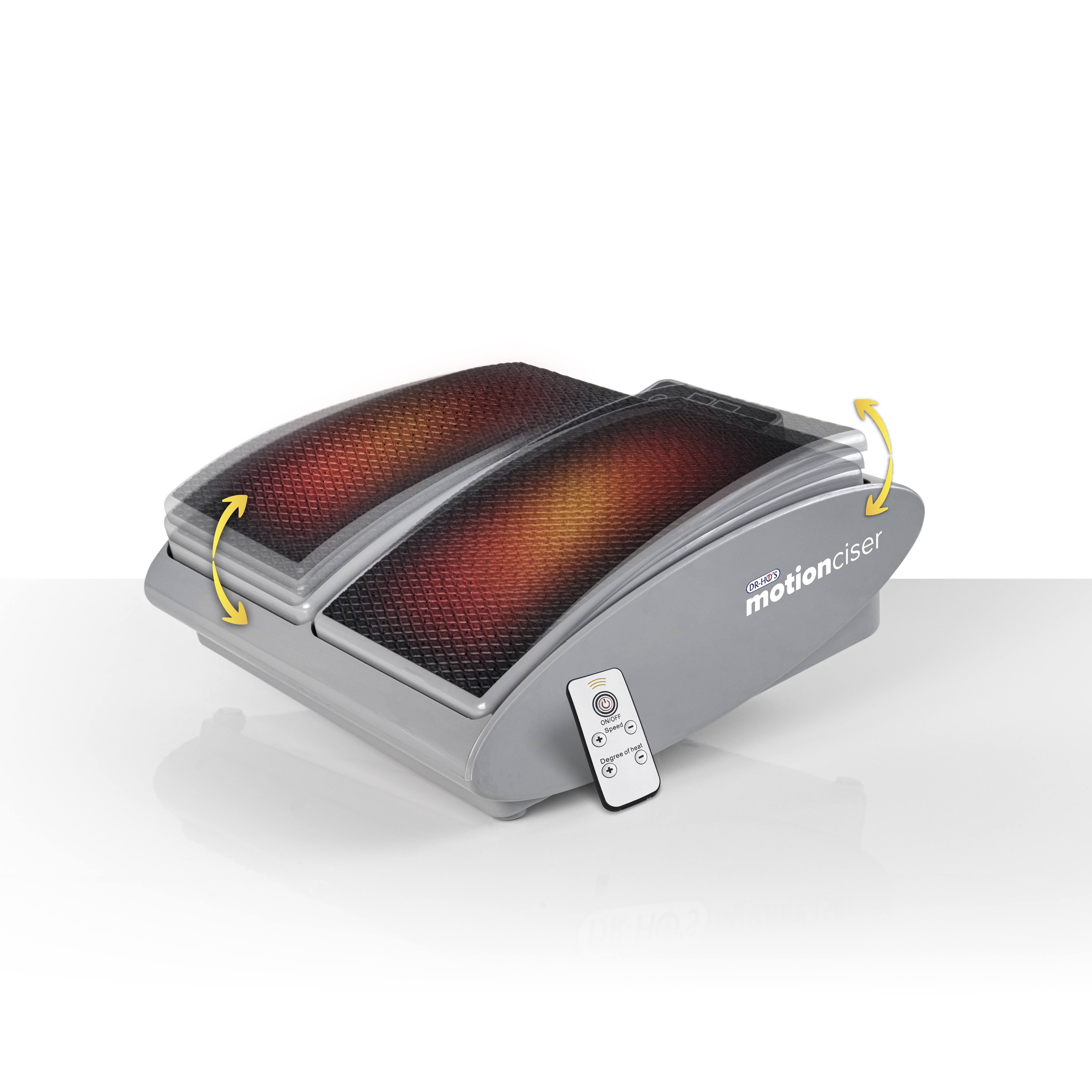 Foot massager with textured surface and remote control on a white background.